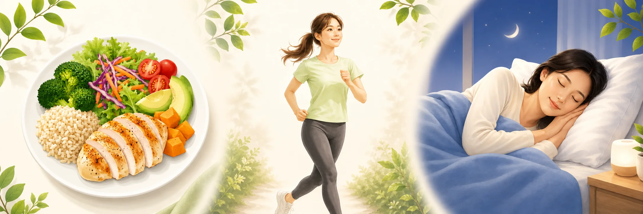 バランスのよい食事、運動、十分な睡眠を表すイラスト